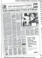  ?? ?? HT front-paged the Pokhran tests in its edition of May 12, 1998.