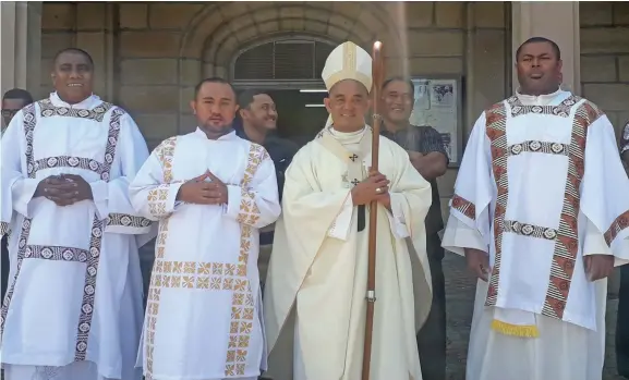  ?? Photo: Inoke Rabonu ?? Newly-ordained deacons Amaniasi Ravuwai, Sinapati Ioane and Iosefo Wailoa (right), with the Head of the Catholic Church in Fiji Archbishop Peter Loy Chong after the ordination service at the Sacred Heart Cathedral in Suva on February 22, 2020.