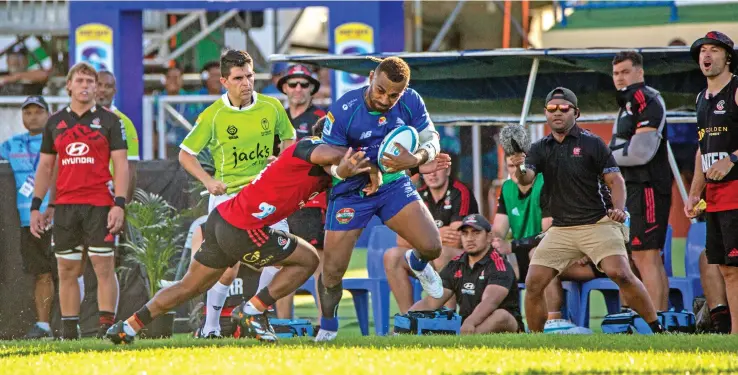  ?? Photo: Leon Lord ?? Swire Shipping Fijian Drua winger Eroni Sau on the brust against Crusaders in Lautoka on March 11, 2023.