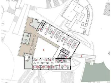  ??  ?? 4TH LEVEL PLAN 1. MULTI- PURPOSE CLASSROOMS 2. PRIVATE OFFICES
3. OPEN PLAN OFFICES 4. BATHROOM
5. PEDESTRIAN CONNECTION 6. COURTYARD
7. ARCHIVE
8. ELECTRIC ROOM
9. LASER CUT SERVICE