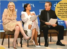  ?? ROBYN BECK/GETTY IMAGES/AFP ?? 5 FILM DENGAN NOMINASI TERBANYAK
BACA NOMINASI: Dari kiri Dakota Fanning, Susan Kelechi Watson, dan Tim Allen di pengumuman nominasi 77th Golden Globe Awards, Beverly Hilton Hotel.