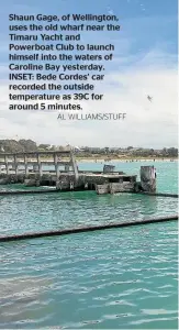  ?? AL WILLIAMS/STUFF ?? Shaun Gage, of Wellington, uses the old wharf near the Timaru Yacht and Powerboat Club to launch himself into the waters of Caroline Bay yesterday. INSET: Bede Cordes’ car recorded the outside temperatur­e as 39C for around 5 minutes.