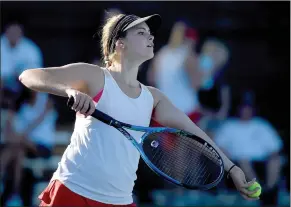  ?? Jayne Kamin-Oncea/For The Signal (See additional photos at signalscv.com) ?? Hart’s Sarah Backer gets set to serve the ball during her singles match against Saugus at Saugus High School on Tuesday.