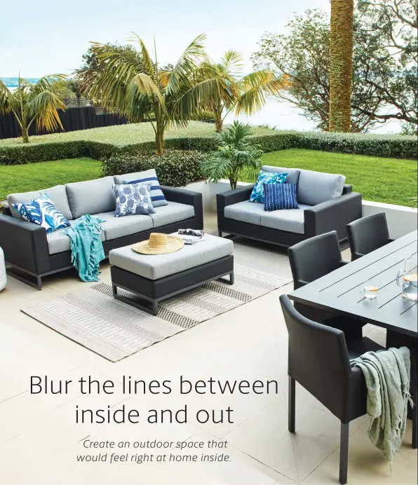  ??  ?? Pagani 3-Piece Outdoor Lounge Setting $4599, Pagani 7-Piece Outdoor Dining Setting $3799, Flax Peru Stone Coloured Outdoor Rug $379, Assorted Outdoor Cushions from $49 - $59ea, Indira Throw Assorted Colours $209ea. Available from Harvey Norman. All prices displayed are RRP. Valid until 31 October 2019.