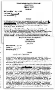  ??  ?? Excerpts from the Cook County medical examiner’s files for John LaPlante and Charles Dungill, two of the county’s first COVID victims.