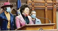  ?? Mark Pazniokas / CTMirror.org file photo ?? State Rep. Treneé McGee, D-West Haven, thanks her family in brief remarks after taking office.