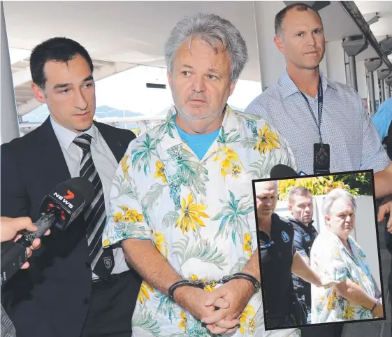  ?? Picture: STEWART McLEAN ?? Conman Peter Foster is escorted on Monday via Cairns Airport on his way to Sydney on an extraditio­n warrant; (inset) his arrest on Thursday.