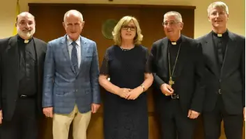  ??  ?? MATTER OF FAITH: Former president Mary McAleese with her husband Martin, the Archbishop of Dublin, Diarmuid Martin, Professor Robert Geisinger (left) and Professor Ulrich Rhode (right)