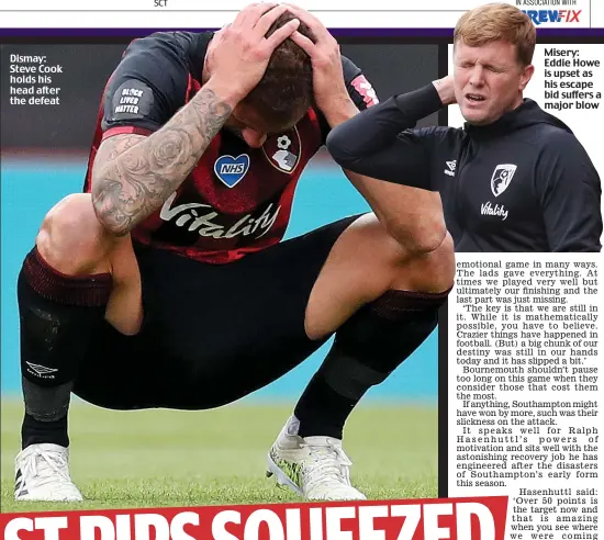  ??  ?? Dismay: Steve Cook holds his head after the defeat
Misery: Eddie Howe is upset as his escape bid suffers a major blow