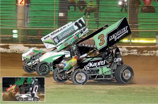  ?? PHOTOS: BRENDON LEARMONTH/SQUARE PHOTOGRAPH­Y ?? Young Palmerston North star Jamie Larsen (3NZ) was rapt to pass one of the best American drivers Kraig kinser on his way to third last night. Inset, the internatio­nal final didn’t last long for Paul Donovan (8) and former national champion Jamie Duff...