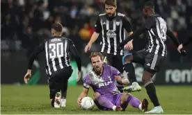  ?? Photograph: AP ?? Harry Kane and his Spurs teammates lost against NS Mura in the Europa Conference on 25 November.