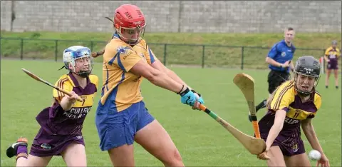  ??  ?? Wexford’s Ciara O’Connor gets a block on Becky Foley’s shot as Lorna Fortune moves in.
