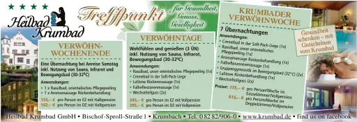  ??  ?? Heilbad Krumbad GmbH ▪
Bischof-Sproll-Straße 1 ▪ Krumbach ▪
Tel. 0 82 82/906-0 ▪ www.krumbad.de ▪
Ge su n d he it m it sche nk en – Gu tsc he in en vo m K ru mbad find us on facebook