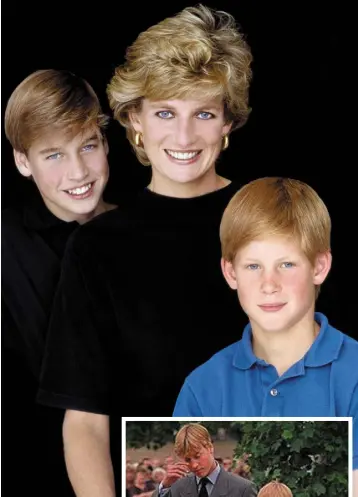  ??  ?? ENOUGH IS ENOUGH: Above, Diana and her sons. Right, William and Harry after viewing some of the floral tributes to their mother