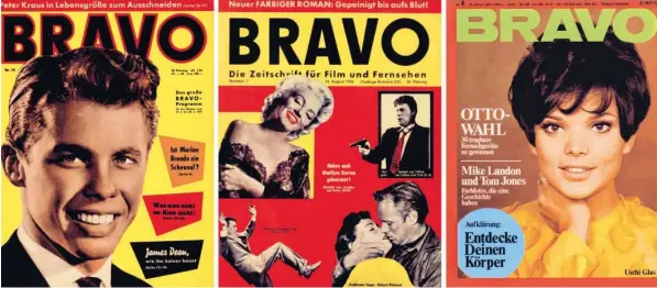  ?? Fotos: Bauer Media Group, BRAVO, dpa ?? 1959 schaffte es Peter Kraus auf den Titel der „Bravo“. Der Schauspiel­er und Sänger stand damals noch am Anfang seiner Karriere – die „Bravo“auch. Drei Jahre vorher war die erste Ausgabe erschienen (Mitte). Uschi Glas zierte 1969 die erste Seite. Sie...