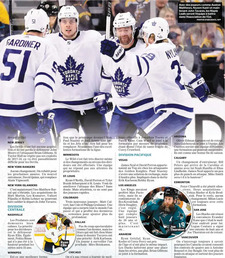  ?? PHOTOS D’ARCHIVES, AFP ?? Avec des joueurs comme Auston Matthews, Nazem Kadri et maintenant John Tavares, les Maple Leafs seront l’équipe à battre dans l’Associatio­n de l’Est. Ryan Ellis Joe Thornton