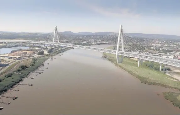  ??  ?? > A computer-generated image of the proposed bridge crossing the River Usk in Newport as part of the M4 relief road black route