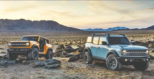  ?? PHOTOS: FORD ?? Options for the 2021 Ford Bronco, set to arrive in showrooms in the spring, will range from a base two-door to a top-trim four-door that Ford promises will out-jeep the Jeep.