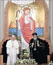  ??  ?? Pope Francis meets Pope Tawadros II, spiritual leader of Egypt’s Orthodox Christians, at Cairo’s St Mark’s Cathedral on Friday.the pope was in Egypt for a two-day trip aimed at presenting a united Christian-muslim front that repudiates violence...