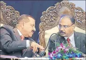  ?? NITIN KANOTRA ?? ■
Union minister Dr Jatinder Singh and lieutenant governor of J&K Girish Chandra Murmu at the regional conference on good governance practices in Jammu on Friday.