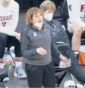  ?? ISAAC BREKKEN/AP ?? Washington State coach Kamie Ethridge shouts to players during a game against Utah in the first round of the Pac-12 tournament on March 3 in Las Vegas.