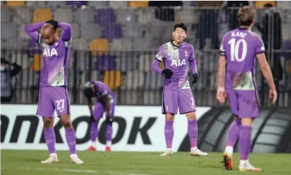  ?? Photograph: Srdjan Zivulovic/Reuters ?? Tottenham react to their Europa Conference League defeat at Mura.