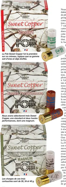  ??  ?? La Fob Sweet Copper fut la première sur ce créneau, logique que sa gamme soit d’ores et déjà étoffée. Nous avons sélectionn­é trois Sweet Copper, une standard et deux hautes performanc­es, dont une magnum. Les charges de ces trois cartouches sont de 30,...