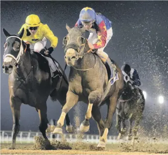  ?? Erika Rasmussen for The National ?? Jockey Adrie de Vries guided Pilgrim’s Treasure, centre, to victory in Race 4, the Azizi Mina, over 1,400 metres, for trainer Satish Seemar on Thursday at Meydan