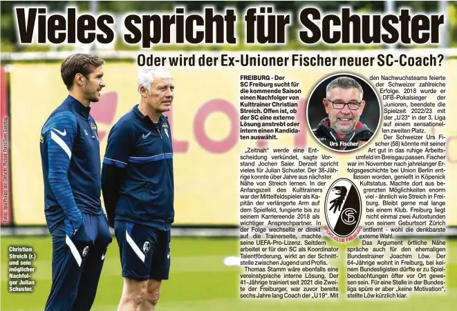  ?? ?? Christian Streich (r.) und sein möglicher Nachfolger Julian Schuster.
FREIBURG - Der SC Freiburg sucht für die kommende Saison einen Nachfolger von Kulttraine­r Christian Streich. Offen ist, ob der SC eine externe Lösung anstrebt oder intern einen Kandidaten auswählt.
Urs Fischer