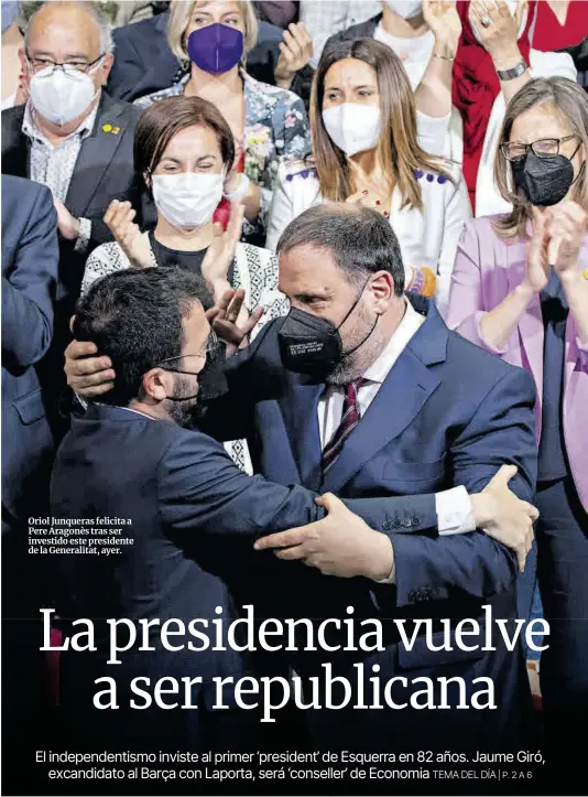  ?? Ferran Nadeu ?? Oriol Junqueras felicita a Pere Aragonès tras ser investido este presidente de la Generalita­t, ayer.