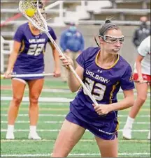  ?? Gregory A. Shemitz / Special to the Times Union ?? UAlbany’s Sarah Falk, seen here in 2021, scored five goals, including the one that tied the game as the Great Danes rallied to a 12-10 road victory over Vermont.