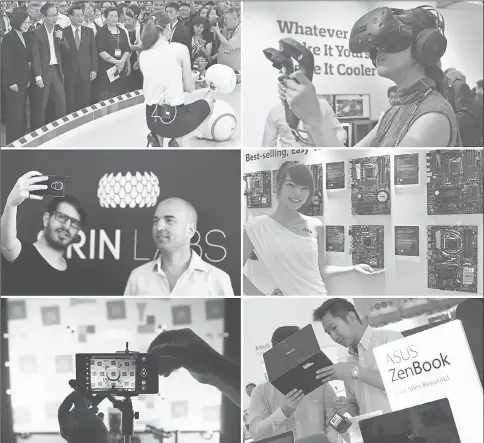  ??  ?? (Clockwise from top left) A model demonstrat­es an Asus Zenbo robot as Taiwan President Tsai Ing-wen (left) looks on during the annual Computex computer exhibition in Taipei. • A visitor wears the HTC Vive visual reality (VR) headset during the expo. •...