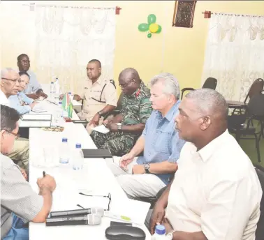  ??  ?? akeholders, President Granger convened a meeting with Regional Chairman Brian Carlton Beckles, Guyana Revenue Authority representa­tive Satish Basdeo, army Patrick West, British Security Sector Reform Advisor Russell Combe and Divisional t Budhram to discuss critical security matters. Minister of Indigenous Peoples’ and new Minister of Public Affairs Dawn Hastings-Williams were also present. y photo)