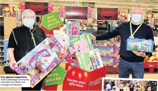  ??  ?? Toy appeal supporters Asda Coatbridge community champion Ann Binks and manager Ian Nicolson