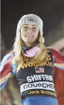  ?? AP PHOTO ?? UPS AND DOWNS: Mikaela Shiffrin, shown after winning a women’s World Cup parallel slalom race last week in France, added another victory in a slalom race yesterday in Lienz, Austria.