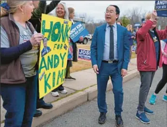  ?? AP ?? New Jersey Rep. Andy Kim greets fans in Paramus early this month. Kim, who is running in Democratic primary for U.S. Senate, is seeking in federal court to abolish New Jersey’s party-line ballot system.