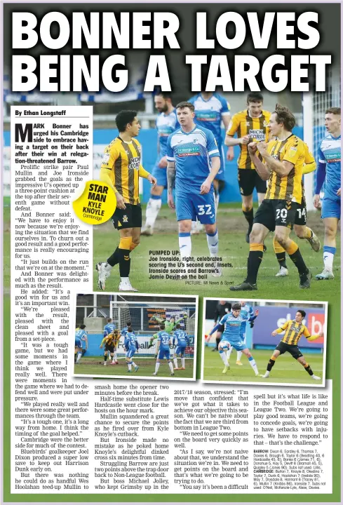  ?? PICTURE: MI News & Sport ?? PUMPED UP:
Joe Ironside, right, celebrates scoring the U’s second and, Insets, Ironside scores and Barrow’s Jamie Devitt on the ball