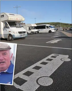 ??  ?? The sign on the tarmac indicates parking for buses in the marina carpark - but most of the spaces are taken up by camper vans, and TP Ó Conchúir (inset) isn’t impressed.