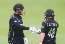  ?? AP ?? New Zealand’s Tom Latham and Ross Taylor during the ODI Tri Nations Series match against Ireland at Malahide Cricket Club Ground on Sunday.
