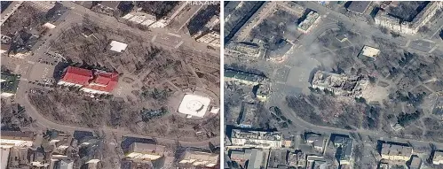  ?? Satellite image ©2022 Maxar Technologi­es via AP ?? This combinatio­n of photos provided by Maxar Technologi­es shows the Donetsk Academic Regional Drama Theatre on March 14 in Mariupol, Ukraine, left, before the Russian bombing and after on March 29. The bombing occurred on March 16 and stands out as the single deadliest known attack against civilians to date in the war in Ukraine.