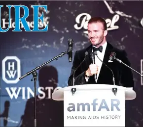  ??  ?? Beckham talks during the amfAR’s 24th Cinema Against AIDS Gala on Thursday at the Hotel du Cap-Eden-Roc in Cap d’Antibes, France. (Left) Top models conduct an auction during the gala. — AFP photos