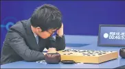  ?? PROVIDED TO CHINA DAILY ?? Ke Jie reflects on his play after losing the second game of his match with AlphaGo in Wuzhen, Zhejiang province, on Thursday.