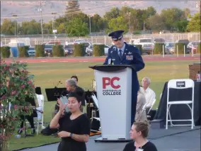  ?? PHOTOS FOR THE RECORDER BY JAIME A. HUNT ?? Keynote speaker Lt. Col. Fredrick Dohnke, Commandant of Portervill­e Military Academy Pathways, at the 94th Portervill­e College Commenceme­nt ceremony on Friday, May 13.