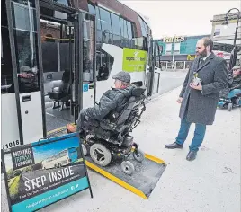  ?? BOB TYMCZYSZYN THE ST. CATHARINES STANDARD ?? A new coach-style bus on display at the St. Catharines terminal may be used by Niagara Region Transit.