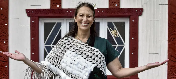  ?? PHOTO: PETER MCINTOSH ?? Proud moment . . . Deputy vicechance­llor Ma¯ori professor Jacinta Ruru celebrates her appointmen­t, at O¯ ta¯kou Marae.