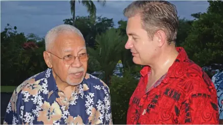 ?? Photo: Simione Haravanua ?? Renowned businessma­n and former politician Sir James Ah Koy and New Zealand High Commission­er Jonathan Curr at the New Zealand High Commission­er’s Residence on February 16, 2019.