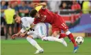  ?? ?? Liverpool’s Mohamed Salah went off injured in the 2018 Champions League after this challenge with Sergio Ramos. Photograph: Pixathlon/Shuttersto­ck