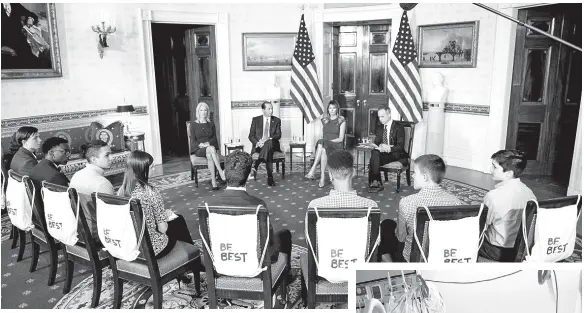  ?? — Reuters photo ?? US first lady Melania Trump, joined by US Health and Human Services Secretary Alex Azar, White House advisor Kellyanne Conway and Eric Asche, chief marketing officer at Truth Initiative, meets with teens on their experience with vaping as part of her ‘Be Best’ initiative at the White House in Washington, US.