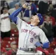  ?? AP photo ?? Brandon Nimmo of the Mets celebrates after hitting a two-run homer in the ninth inning Monday.