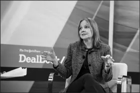  ?? CALLA KESSLER / THE NEW YORK TIMES ?? Mary Barra, CEO of General Motors, speaks Wednesday during an interview at the Dealbook Online Summit in New York. Barra said she was confident that GM would eventually be rewarded in the stock market for its investment in electric vehicles.